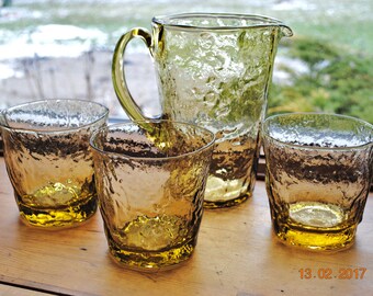 Morgantown Crinkle Glass 3 Old Fashion Glasses and a 28 Ounce Pitcher in Topaz