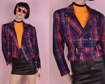 80s Plaid Moto Jacket/ Small/ 1980s/ Cropped/ Nylon