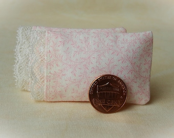 Dollhouse Miniature Pillows Set of 2 Pink Vines Bed Pillows with delicate lace detail - 1:12 scale