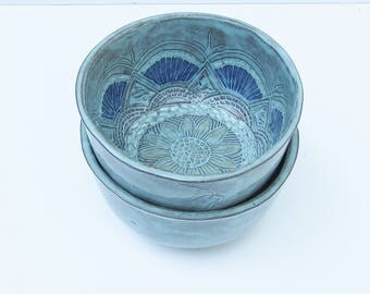 ceramic bowl (set of 2); ceramic cereal and salad bowl; ceramics and pottery bowl ; hand carved pottery