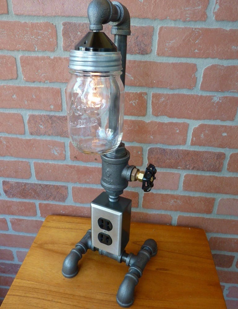 FAUCET HANDLE DIMMER Pipe lamp with mason jar water faucet