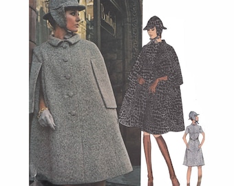 1970 Sybil Connolly of Dublin Couturier Design Cape A Line Dress and Hat Size 12 Bust 34 Sewing Pattern Vogue 2402