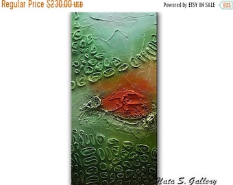 Summer SALE Original Abstract Painting, Turquoise Green Orange Painting, Heavy Textured Art, Mixed Media Acrylic Painting, Wall Decoration