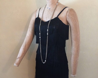 Roaring Twenty 1920s Flapper Costume Black Fringed Party Dress Small Medium