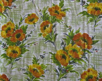 Barkcloth curtain panel, 1960s French green, yellow, orange floral curtain