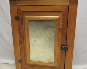 Antique Primitive Rustic Country Pine Hanging Wall Corner Cabinet Bath Medicine Cabinet Mirror Door Three Shelves