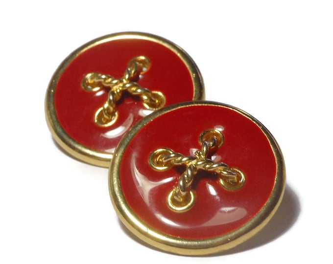 Red nautical earrings, red and gold, button style with gold crisscrossed rope on red enamel with gold rims, nautical clip earrings