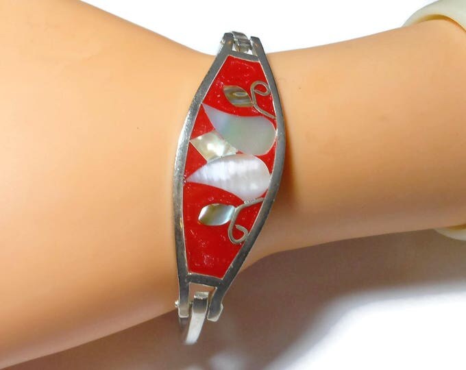 Alpaca Mexican hinged bracelet, red glitter enamel, mother of pearl (mop) & abalone shell insets, Alpaca silver, marked Mexico, vintage
