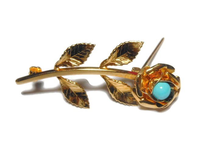 FREE SHIPPING Catamore floral brooch, 1/20 - 12K Gold filled, genuine blue stone, in original gift box, giftable condition, rose pin gold