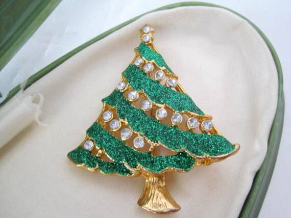 Christmas Tree Brooch - Green Enamel - Clear Rhinestones - Christmas Pin