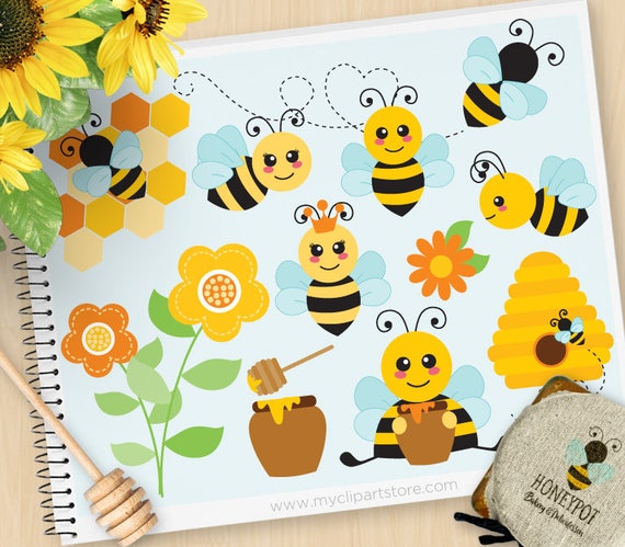 Buzzy Bumble Bees Clipart, Cute bee, Honey Comb, Bee Hive, Spring ...