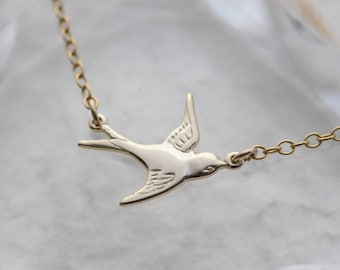 Gold Bird Necklace . Sparrow Necklace . Sterling Silver Flying Bird Option. Gold Solitary Bird Necklace. Divorce gift- Cancer Free