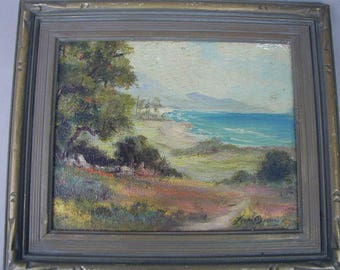 Original Oil Painting, Coastal Scene, Oak Tree, Water and Mountains, Beautifully Painted, Original 1940's Frame, Antique Gold Frame, Signed