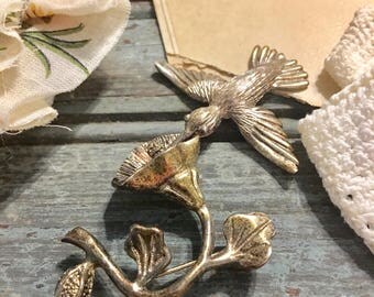 Articulated Sterling Silver Hummingbird and Flower Brooch