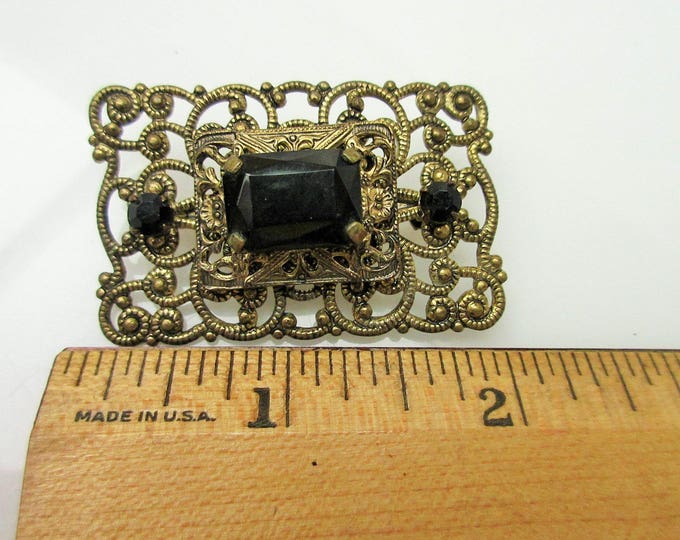 Black Glass Brass Brooch - rectangle gold filigree - mourning pin