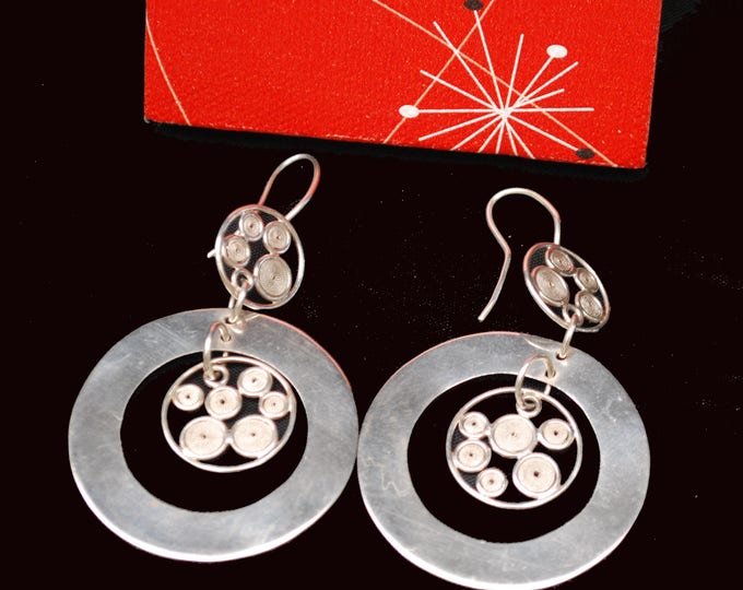 Sterling Dangle circle Earrings - Pierced multi circle rings - Calder Style - Modernistic Earring