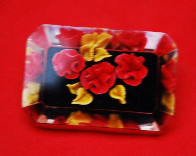 Reverse Carved Lucite Brooch - Red Rose Orchid Flower - yellow green leaves pin with black - Floral leaves pin