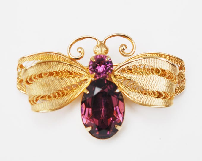 Butterfly Rhinestone BRooch _ Signed Napier _ Purple crystal - Ornate gold wire - Bug pin