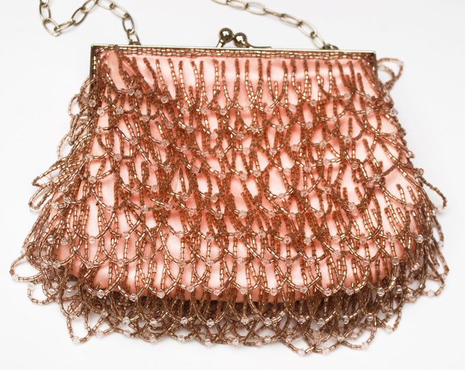 Pink Beaded Bag - signed China - toupe and clear dangle beads - vintage clutch purse - Silk - Handbag