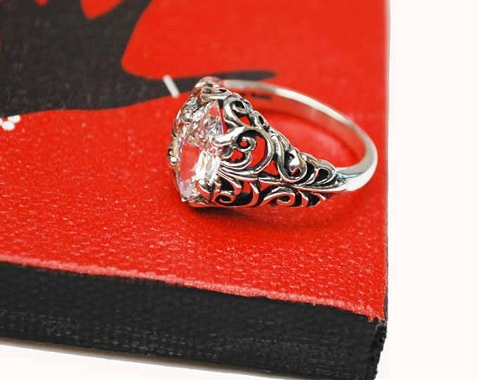 Sterling Filigree CZ ring - Signed Kabana -Cubic Zirconia - Size 7 ring - silver ornate setting -