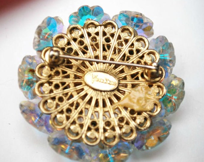 Vendome Brooch - Rivoli Crystal Rhinestone - faux pearl Bead - signed Atomic pin