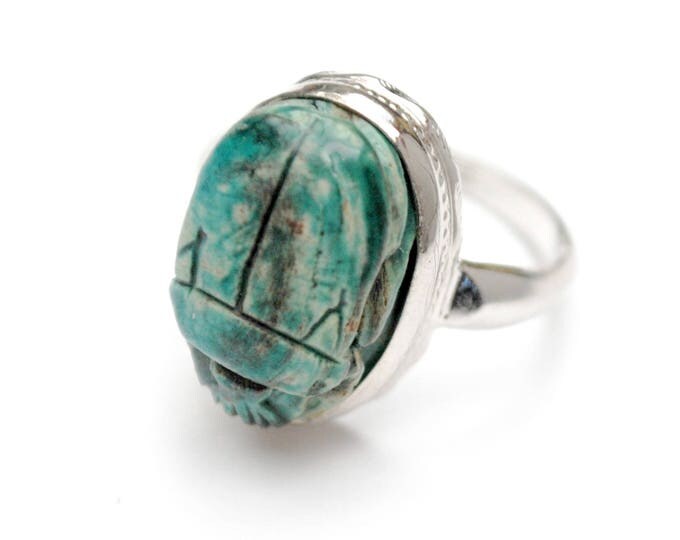 Carved Scarab Sterling ring - Blue ceramic - Egyptian Revival - Turquoise Beetle - size 5 silver ring