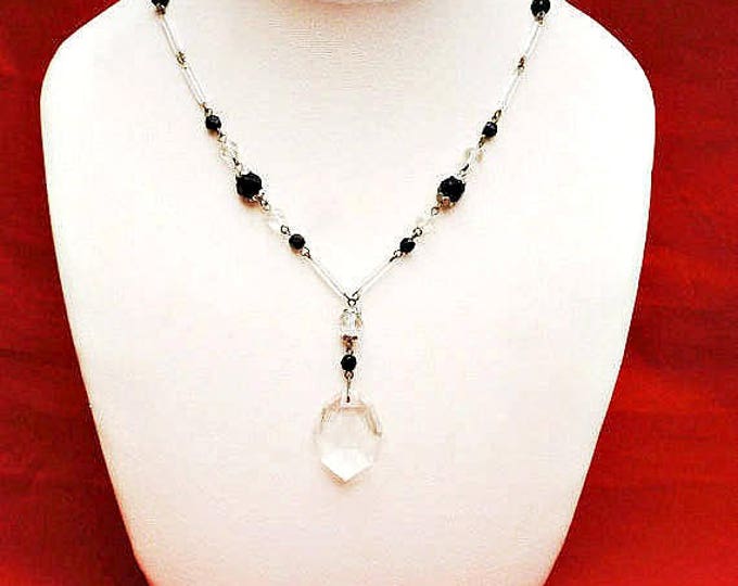 Czech crystal necklace - Glass Pendant - clear and black glass beads - signed