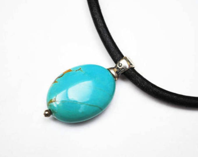 Turquoise necklace - Black Leather Cord - sterling silver - Boho Blue Gemstone