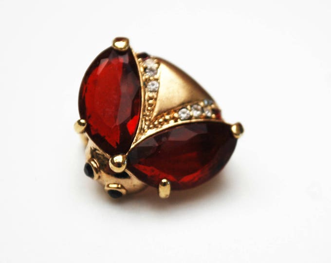 Monet Rhinestone Bug Brooch - Red crystal - Gold plated - Mid Century - small Bee Scatter PIn