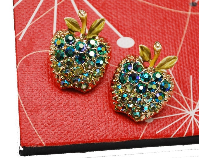 Apple scatter pins - Two Rhinestone Fruit brooches - Aurora Borealis - Gold small pin