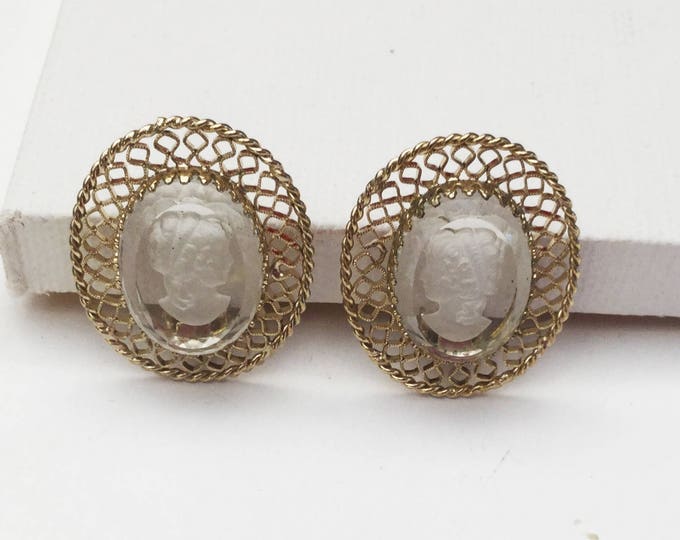 Intaglio Cameo Earrings - Carved clear glass - Signed Whiting and Davis - Gold Filigree - Clip on earrings