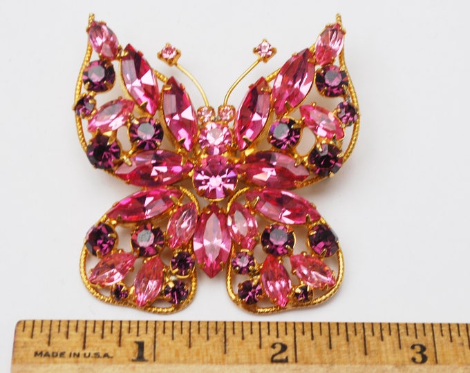 Juliana D&E Butterfly Brooch -Rhinestone - Pink Purple crystal - Gold metal -flying insect Pin