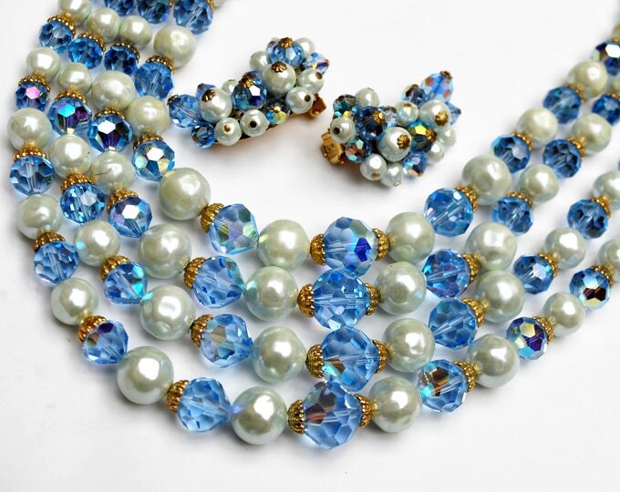 Blue Crystal white pearl Bead Necklace and earring set - Signed Laguna - Aurora borealis - multi strand - Mid century