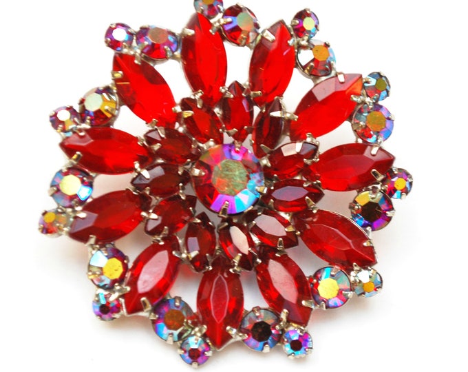 Red Rhinestone Flower Brooch - red Crystal Glass Auroral borealis -Silver - Floral Mid century Pin