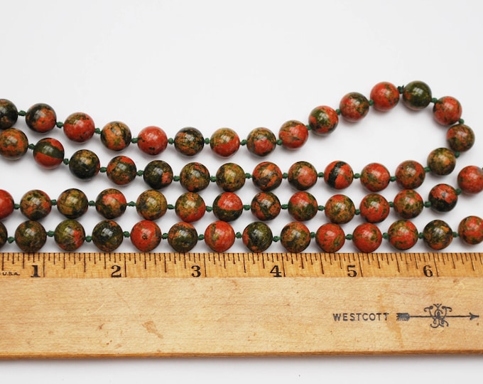 Polished Jasper bead Necklace - Red Green Gemstone - Natural stone - Gemstone Beads- green silk knots