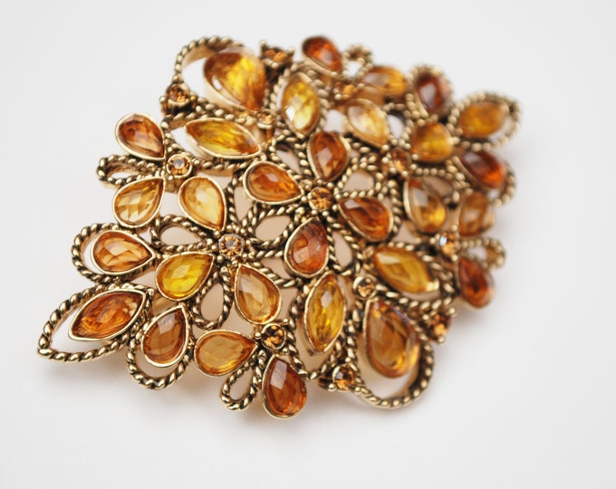 Monet Amber rhinestone Brooch - Yellow orange Lucite - gold - Mid Century - signed jewelry Pin