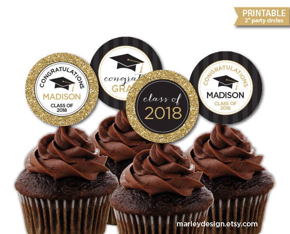 Graduation Cupcake Toppers Printable Black Gold Glitter Graduation
