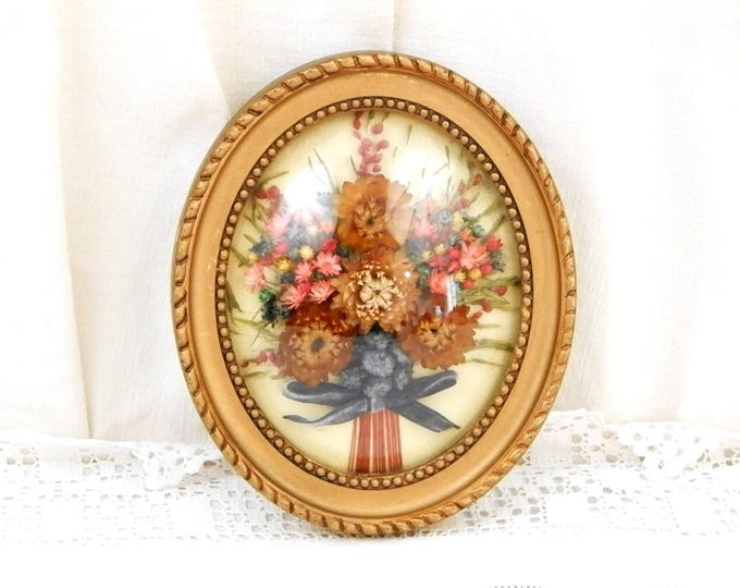 Vintage Oval Domed Glass Picture Frame with Dried Flower Composition, Floral Arrangement Wall Hanging, Mid Century 1950s 1960s, French Decor