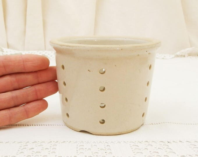 Antique French White Glazed Ceramic Cheese Strainer Pot, Stoneware Faisselle Drainer Vessel from France, Farmhouse Cottage Kitchen Decor