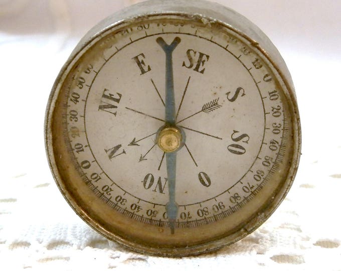 Small Antique Glass and Metal Framed French Compass and Mirror, Round Compass from France, Map Reading, Vintage Hiking Camping, Curios