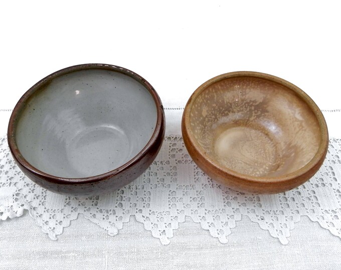 2 Antique Primitive French Rillette du Mans Stoneware Ceramic Bowls, Rustic Pottery Paté Dishes from Rural France, Country Kitchen Decor