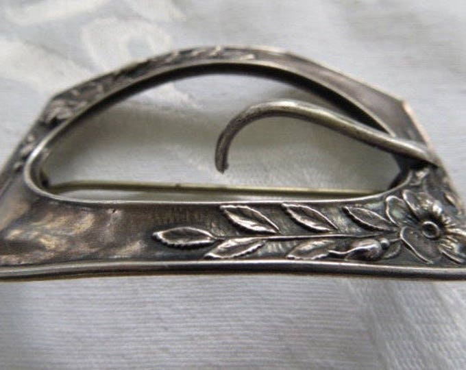 Sterling Buckle Brooch, Art Nouveau Leaves and Vines, Vintage Sterling Silver Buckle Pin
