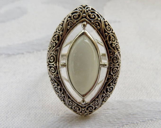 Sajen Moonstone Ring, Sterling Silver, Milky Moonstone Statement Ring, Vintage Bali Style Jewelry