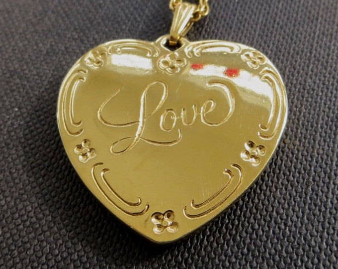 Art Nouveau Heart Necklace, 28" chain, Raised Relief Florals, Love Etched on Back, Nice For Layering