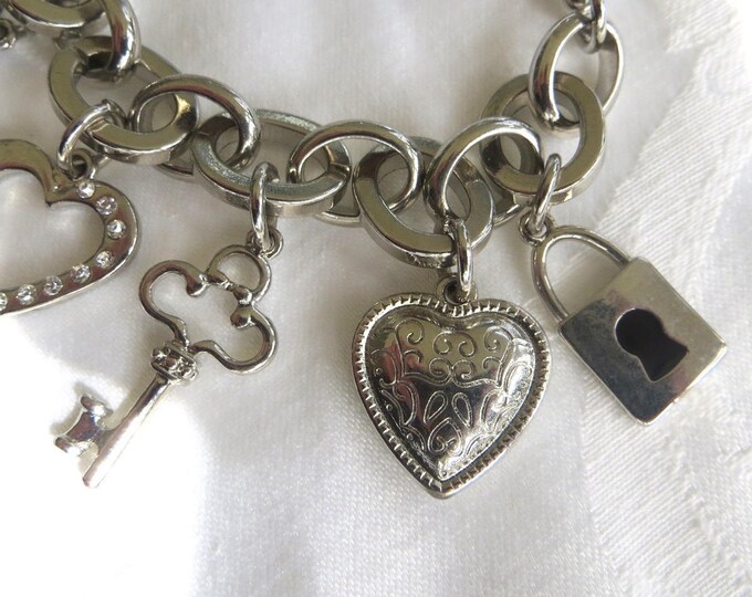 Vintage Charm Bracelet, Heart Lock and Key Charms, Silvertone Love Bracelet, Valentines Day Gift For Her
