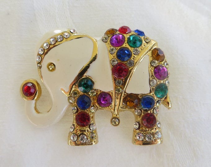 Vintage Elephant Brooch, Mughal Elephant Pin, Jeweled Enamel Elephant, Tusk Up, Elephant Jewelry