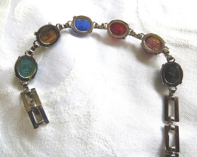 Vintage Sterling Scarab Bracelet, Egyptian Revival Gemstone Scarabs, Sterling Silver Links, Scarab Jewelry