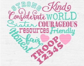 Girl Scouts Heart with Custom Troop Number for iron-on, vinyl decal, tshirt, screenprint, printable Digital Instant Download Svg png eps dxf