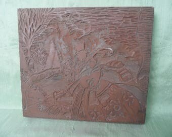 Linocut wood block plate / vintage romantic Victorian winter couple linoleum stamp / carved printers block