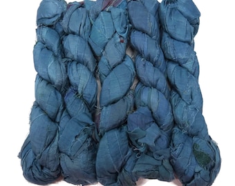 New! Recycled Sari Silk Ribbon, 100g skeins , Steel Blue